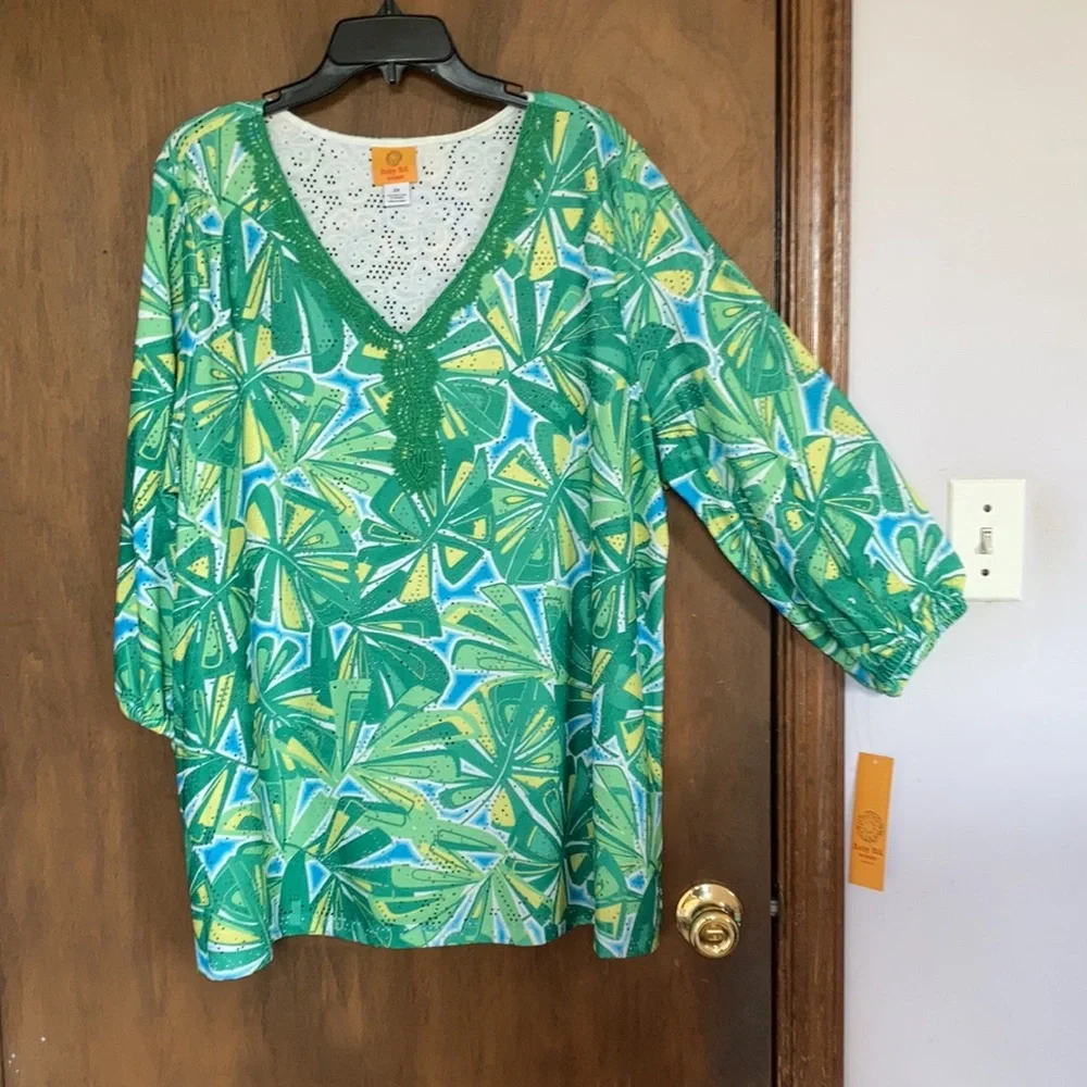 3/$45 Ruby Rd top retro abstract floral print crochet like detail boho blouse 2X - Picture 13 of 17